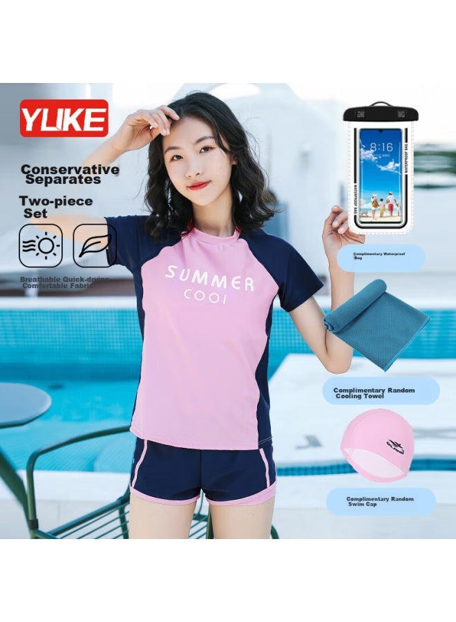 Yuke Conservative Two-piece Swimsuit For Women, Swimming Costume With Swim Cap, Cooling Towel, And Waterproof Bag, Pink, 3XL - Image 1