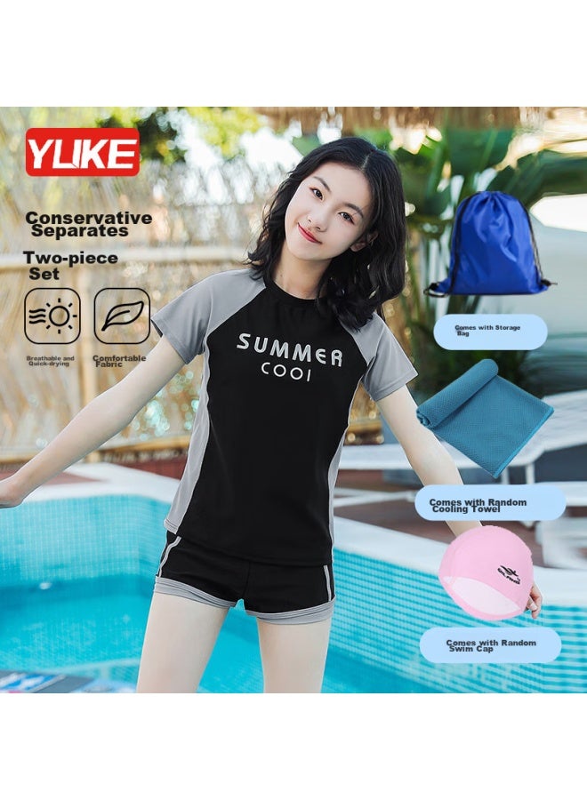 Yuke Conservative Two-piece Swimsuit For Women, Swimming Costume With Swim Cap, Cooling Towel, And Waterproof Bag, Pink, 3XL - Image 2