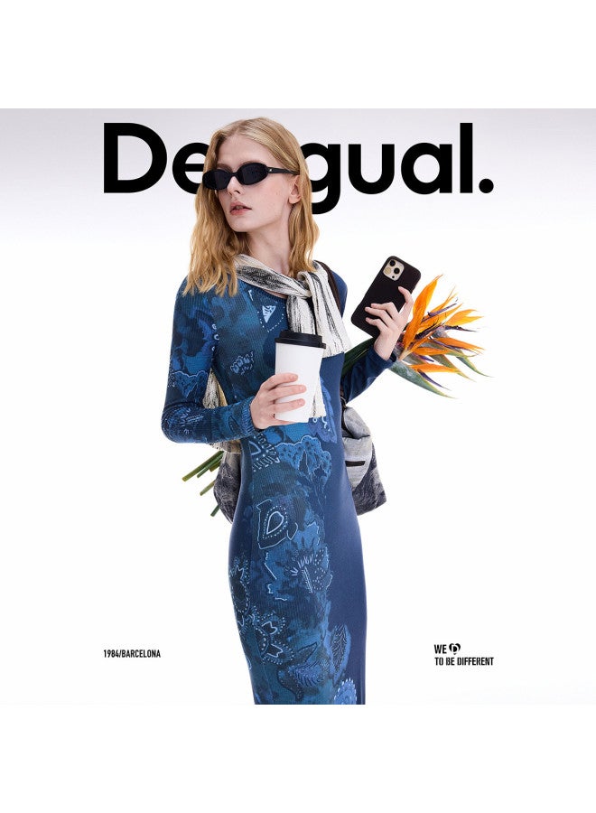 DESIGUAL autumn/winter 2025 New Collection Retro Botanical Print Long-sleeve Stretch Fitted Dress - Image 5