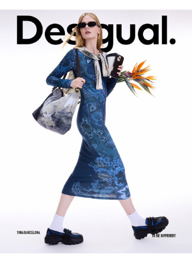 DESIGUAL autumn/winter 2025 New Collection Retro Botanical Print Long-sleeve Stretch Fitted Dress - Image 1