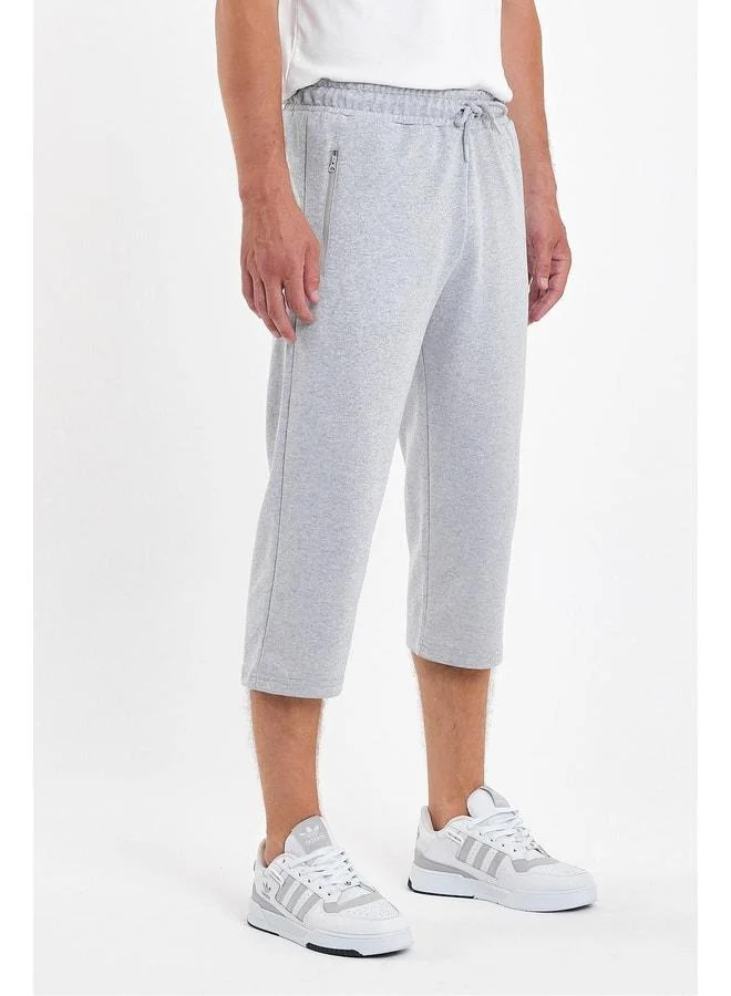 mmetalic Men's Grey Bermuda Capri Shorts with Zippered Pockets, Knee-Length, Adjustable Elastic Waistband.
