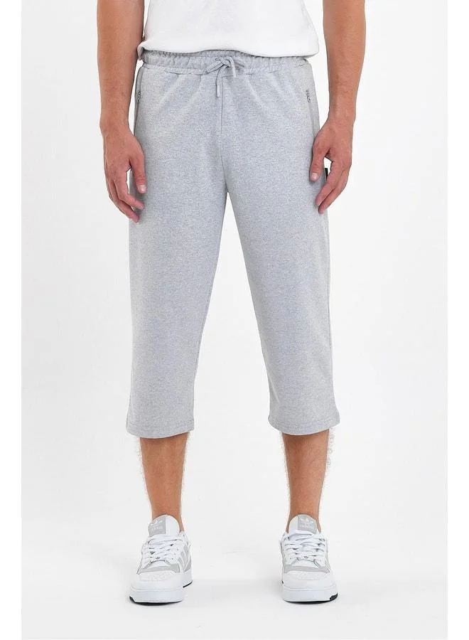 mmetalic Men's Grey Bermuda Capri Shorts with Zippered Pockets, Knee-Length, Adjustable Elastic Waistband.
