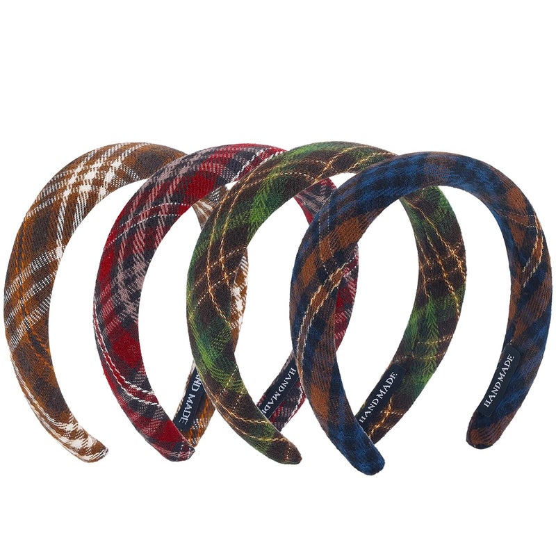 4Pcs Padded Headbands for Women Girls Cute Thick Plaid Hairbands Adult Set Green Navy Blue Brown Red Skincare Hair Hoop Wide Non Slip Soft Headwear Cloth Bulk Fashion Accessories Makeup Christmas Gift
