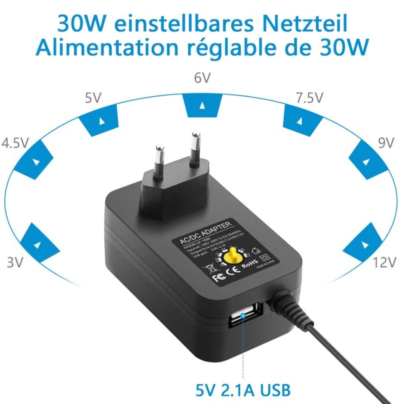 شنيت بور شاحن عالمي بقدرة 3V، 4.5V، 5V، 6V، 9V، 12V، محول تيار متردد إلى مستمر بقدرات تتراوح بين 1 أمبير و2.5 أمبير، قدرة خرجية تصل إلى 30 واط، يناسب الأجهزة الإلكترونية التي تستهلك جهودًا من 3V إلى 12V، مثل كاميرات مراقبة الأطفال وشرائط LED، مزود بـ 14 قابسًا. - Image 2