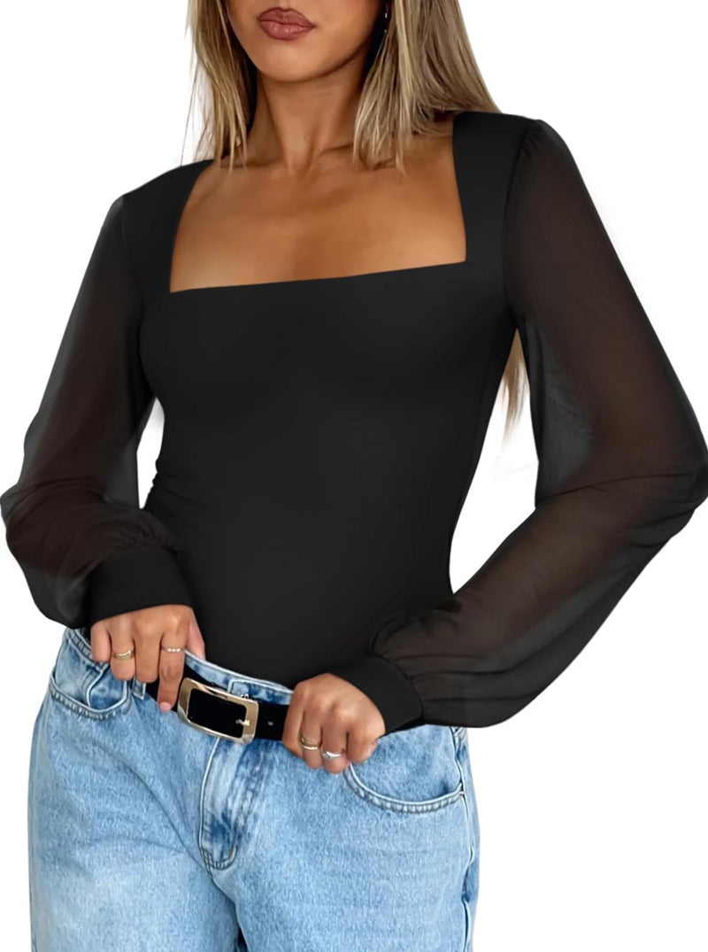 AGECODE Women's Square Neck Mesh Puff Long Sleeve Bodysuit Shirts Ruched Body Suit Leotard Tops Black Large - Image 4
