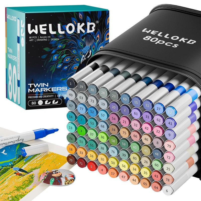 WELLOKB 80 Colors Dual Acrylic Paint Markers, Fabric Markers, Brush Permanent Paint Pens for Wood, Glass, Rocks, Paper, Coloring Book, Ceramic, DIY Crafts, Art School Supplies - Image 1