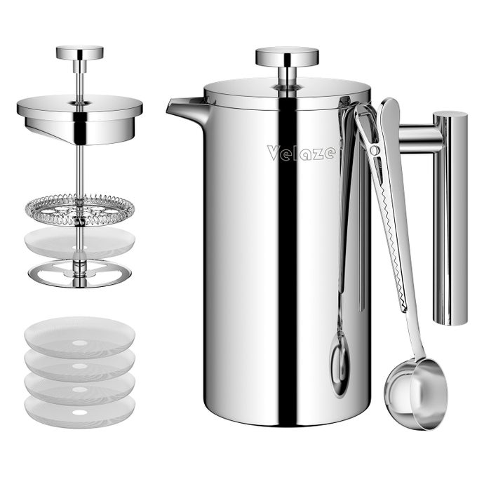 1L 35OZ 8 CUPS FRENCH CAFETIERE COFFEE POT FRENCH PRESS WITH STAINLESS STEELDOUBLE WALL TEA MAKER WITH 1 COFFEE SPOON AND 5PCS ADDITIONAL REPLACEMENT FILTER SCREEN