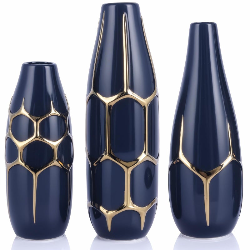 DOVDOV Ceramic Vase Set of 3, Modern Vases for Home Decor, Blue and Gold Color Suitable for Living Room, Kitchen, Bedroom, Bathroom, entryway Mantelpiece, Living Room TV Stand Decoration. - Image 1