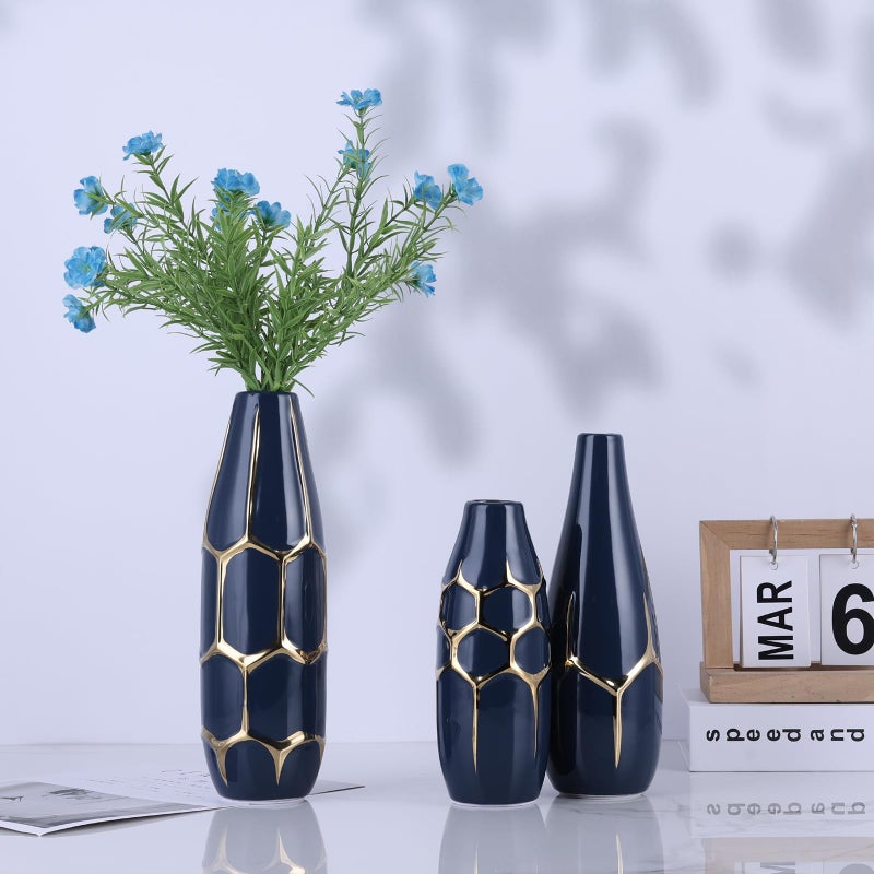 DOVDOV Ceramic Vase Set of 3, Modern Vases for Home Decor, Blue and Gold Color Suitable for Living Room, Kitchen, Bedroom, Bathroom, entryway Mantelpiece, Living Room TV Stand Decoration. - Image 5