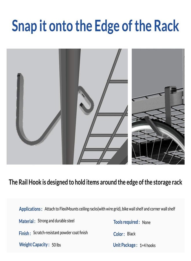 FLEXIMOUNTS 4 Pack Add On Storage Rail Hook Accessory for Ceiling Rack and Wall Shelving, Max Weight Capacity up to 50lbs, Black - Image 2