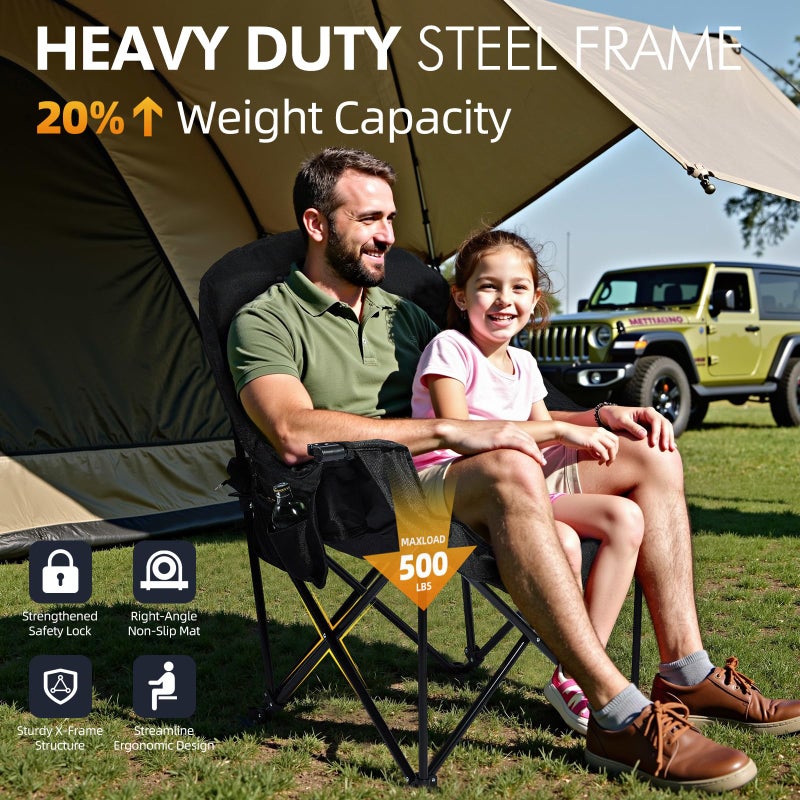 PUVASIA Oversized Camping Chairs for Adults - Heavy Duty Padded Outdoor Folding Lawn XL Camp Chair with Cup Holder Cooler Pockets for Outside Sports Beach Fishing Garden Portable Supports 500lbs, AllBlack - Image 5