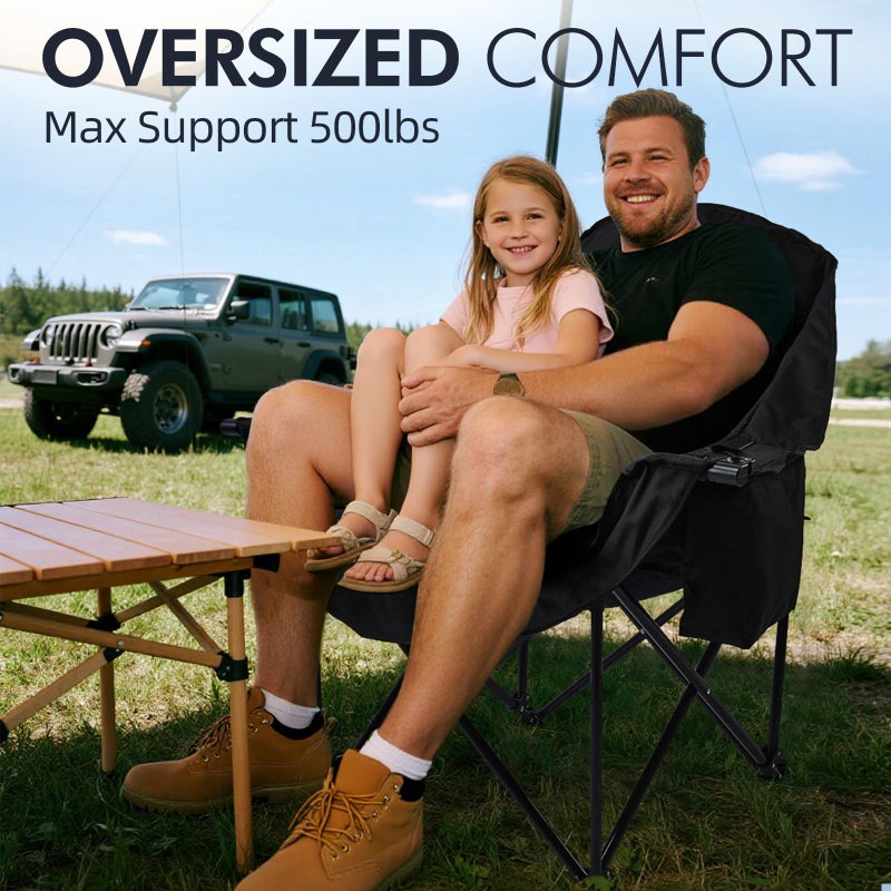 PUVASIA Oversized Camping Chairs for Adults - Heavy Duty Padded Outdoor Folding Lawn XL Camp Chair with Cup Holder Cooler Pockets for Outside Sports Beach Fishing Garden Portable Supports 500lbs, AllBlack - Image 2