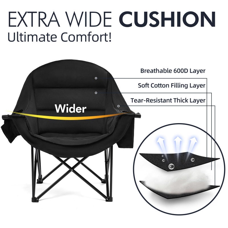 PUVASIA Oversized Camping Chairs for Adults - Heavy Duty Padded Outdoor Folding Lawn XL Camp Chair with Cup Holder Cooler Pockets for Outside Sports Beach Fishing Garden Portable Supports 500lbs, AllBlack - Image 3