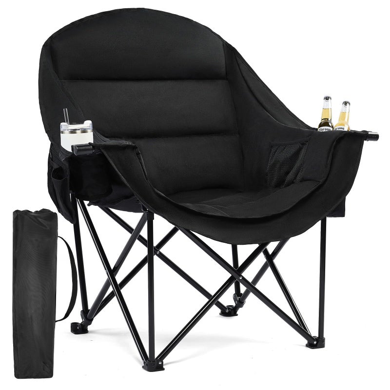 PUVASIA Oversized Camping Chairs for Adults - Heavy Duty Padded Outdoor Folding Lawn XL Camp Chair with Cup Holder Cooler Pockets for Outside Sports Beach Fishing Garden Portable Supports 500lbs, AllBlack - Image 1
