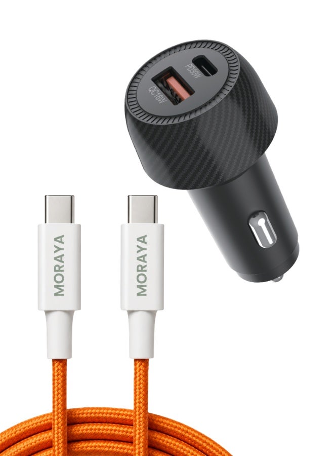 MORAYA Node-01 48W Dual Port Car Charger with Vector-03 Orange USB-C to USB-C Cable, 30W PD + 18W QC Fast Charging Adapter, 60W Braided Type-C Cable for iPhone 15/16/17, Samsung, MacBook, iPad & USB-C Devices