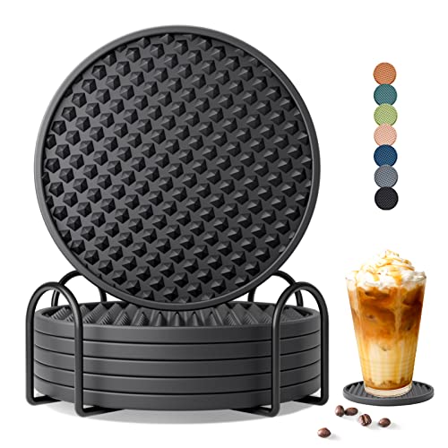 Coga Drink Coasters Set of 6 with Holder Silicone Coasters Tabletop Protection for Any Table Type Wood Stone Tables Dishwasher Safe Coasters for Drinks Fits Any Size of Drinking Glasses Black