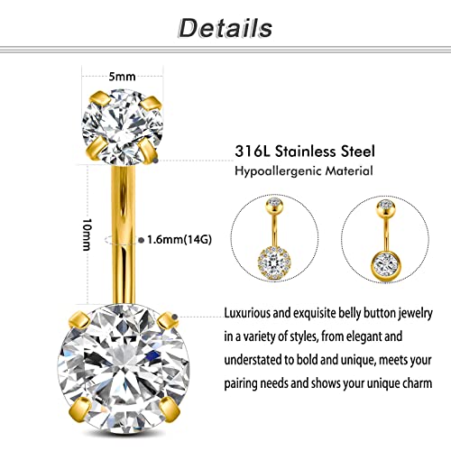 Incaton 14G Belly Button Rings, Stainless Steel Diamond Short Bar Belly Rings For Women, Hypoallergenic Navel Piercings With Gift Velvet Pouch Gold 10mm - Image 2
