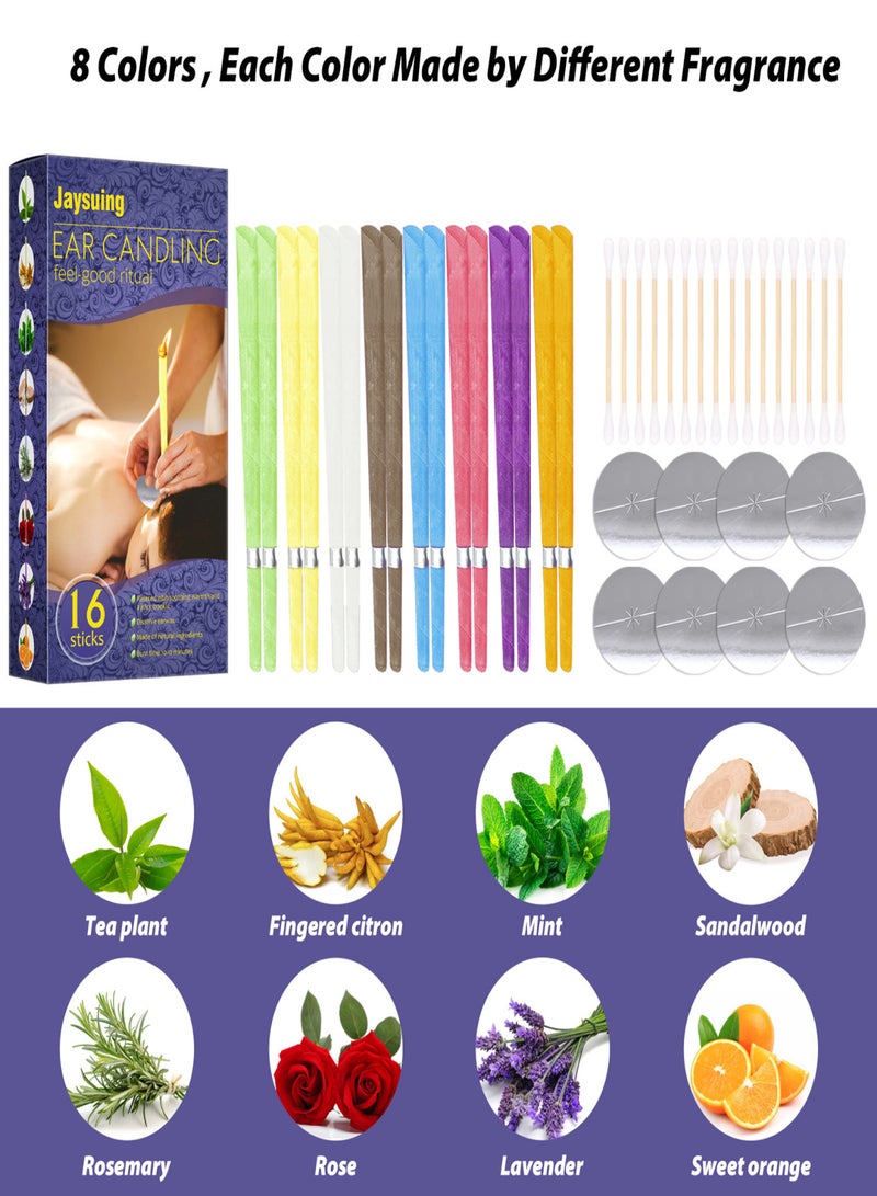 Jaysuing Colorful Ear Candling Set Wax Ear Removal Candle Kit(16 Ear Candles + 8 Ear Protective Disks+ 16 Cotton Swabs) for Detoxification Dehumidification Refreshing Home Salon Daily Use - Image 2