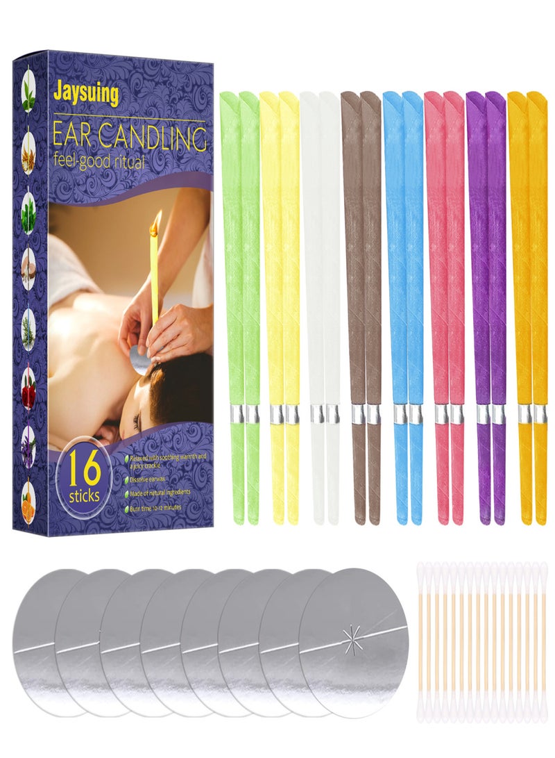 Jaysuing Colorful Ear Candling Set Wax Ear Removal Candle Kit(16 Ear Candles + 8 Ear Protective Disks+ 16 Cotton Swabs) for Detoxification Dehumidification Refreshing Home Salon Daily Use - Image 1