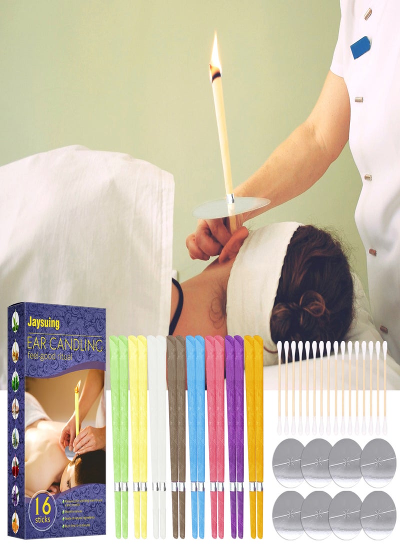 Jaysuing Colorful Ear Candling Set Wax Ear Removal Candle Kit(16 Ear Candles + 8 Ear Protective Disks+ 16 Cotton Swabs) for Detoxification Dehumidification Refreshing Home Salon Daily Use - Image 5
