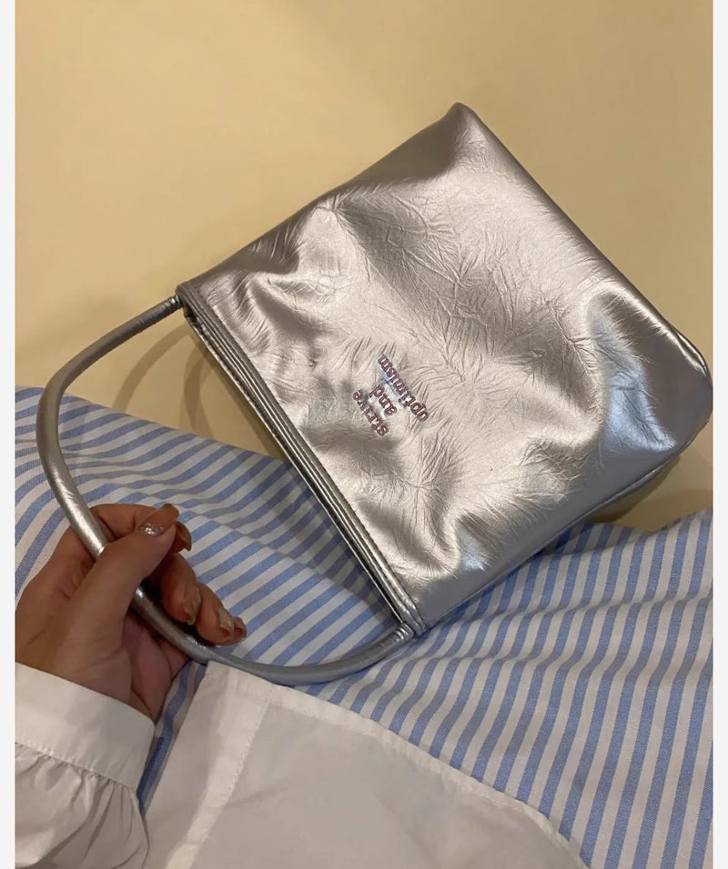 Textured Silver Butterfly Letter Embroidered Handbag Women'S 2025 Korean New Single Shoulder Armpit Bag Tote Bag Trendy - Image 1
