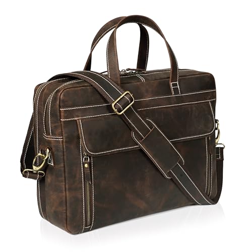 HLC 18 Inch Full Grain Leather Briefcase messenger shoulder bags for men and women (brown, 18 inch) - Image 1