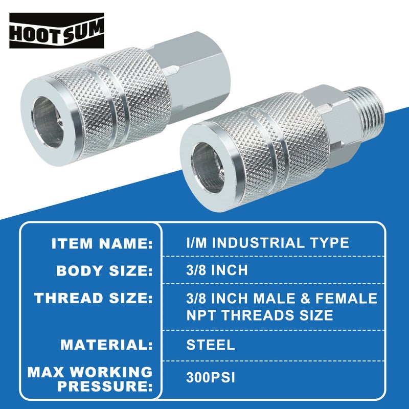 HOOTSUM 3/8’’ High Flow Air Hose Fittings Set, 3PCS 3/8 Body I/M Industrial Air Coupler and 6PCS 3/8 Body Air Plug with 3/8 Inch NPT Threads Size, 10PCS Air Compressor Accessories Quick Connect Set - Image 3