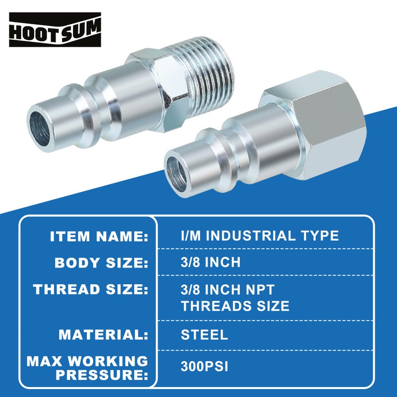 HOOTSUM 3/8’’ High Flow Air Hose Fittings Set, 3PCS 3/8 Body I/M Industrial Air Coupler and 6PCS 3/8 Body Air Plug with 3/8 Inch NPT Threads Size, 10PCS Air Compressor Accessories Quick Connect Set - Image 4