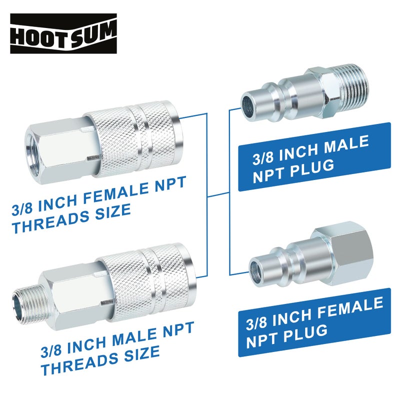 HOOTSUM 3/8’’ High Flow Air Hose Fittings Set, 3PCS 3/8 Body I/M Industrial Air Coupler and 6PCS 3/8 Body Air Plug with 3/8 Inch NPT Threads Size, 10PCS Air Compressor Accessories Quick Connect Set - Image 5