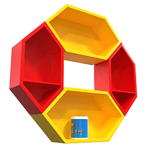 Raafi Wooden Pared Pentagon Floating Wall Shelf with 4 Shelves (Blue & White) (Yellow & Red) - Image 4