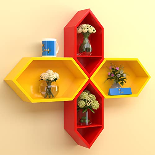 Raafi Wooden Pared Pentagon Floating Wall Shelf with 4 Shelves (Blue & White) (Yellow & Red) - Image 2