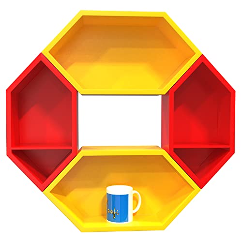 Raafi Wooden Pared Pentagon Floating Wall Shelf with 4 Shelves (Blue & White) (Yellow & Red) - Image 3