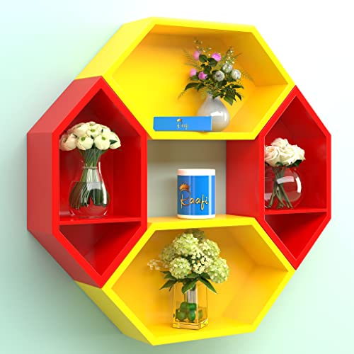Raafi Wooden Pared Pentagon Floating Wall Shelf with 4 Shelves (Blue & White) (Yellow & Red) - Image 1