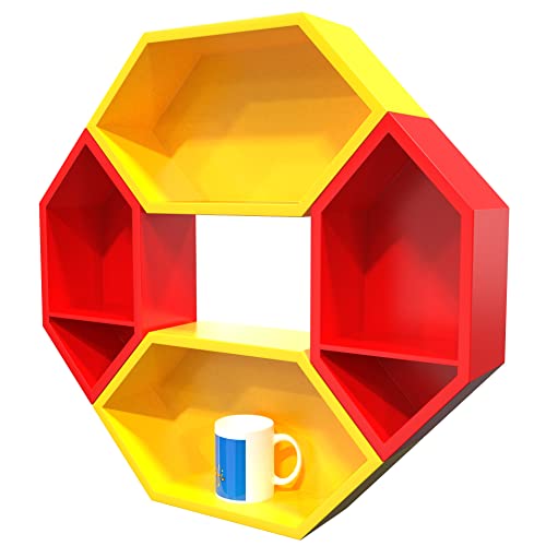 Raafi Wooden Pared Pentagon Floating Wall Shelf with 4 Shelves (Blue & White) (Yellow & Red) - Image 5