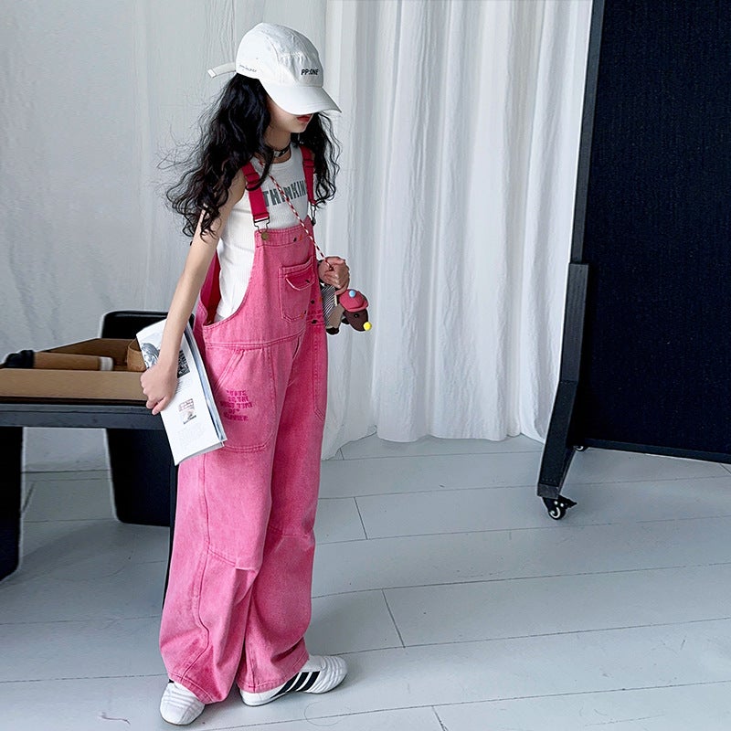 Girls' Outfit 2025 Trendy Cool Suspender Denim Overalls Two-Piece Set For Older Girls - Image 5