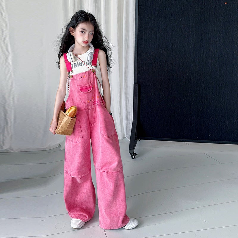 Girls' Outfit 2025 Trendy Cool Suspender Denim Overalls Two-Piece Set For Older Girls - Image 3