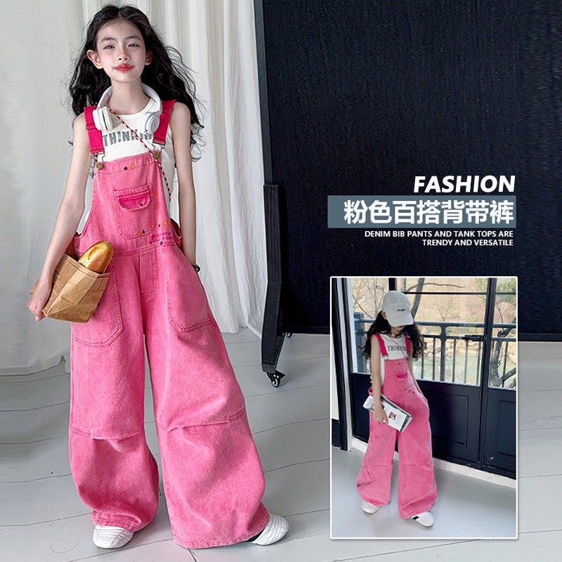 Girls' Outfit 2025 Trendy Cool Suspender Denim Overalls Two-Piece Set For Older Girls - Image 2