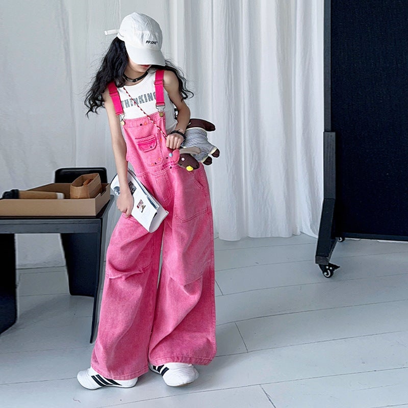 Girls' Outfit 2025 Trendy Cool Suspender Denim Overalls Two-Piece Set For Older Girls - Image 4