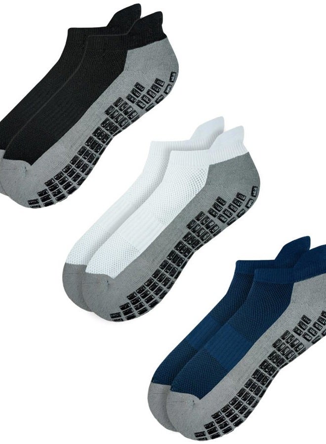 RATIVE Super Grips Anti Slip Non Skid Yoga Hospital Socks for Adults Men Women (Large, 3-Pairs/Black+White+Navy) - Image 1