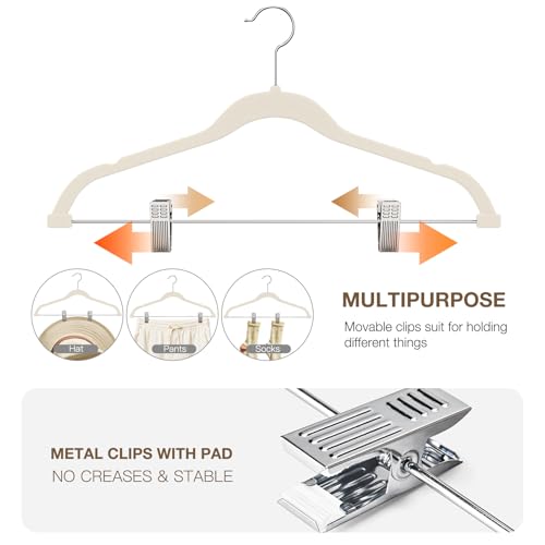 Korpai 24-Pack Beige Velvet Hangers with Clips Adjustable,Adult Hangers,Outfit Hangers,Heavy-Duty,Non-Slip,Space Saving, Felt Hanger for Pants, Skirts, Suits,Coats, Dresses ect. - Image 3