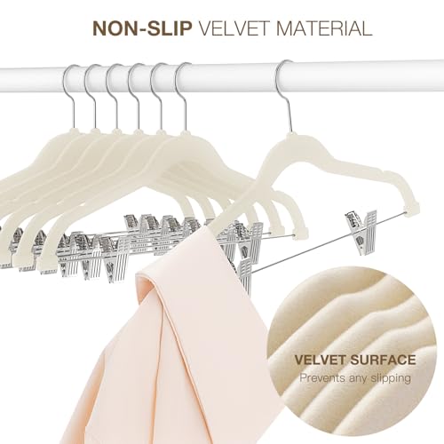 Korpai 24-Pack Beige Velvet Hangers with Clips Adjustable,Adult Hangers,Outfit Hangers,Heavy-Duty,Non-Slip,Space Saving, Felt Hanger for Pants, Skirts, Suits,Coats, Dresses ect. - Image 4