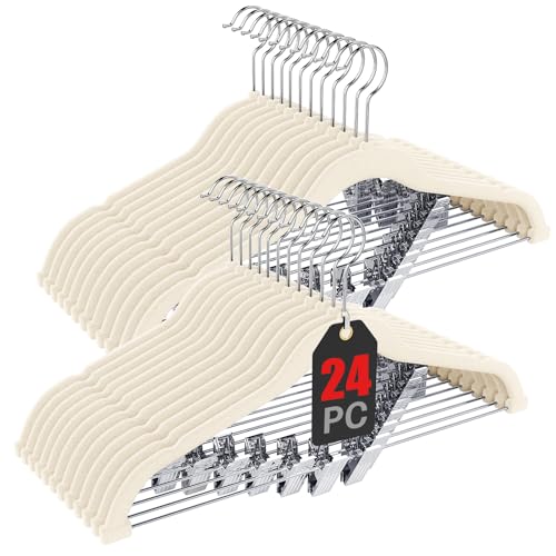 Korpai 24-Pack Beige Velvet Hangers with Clips Adjustable,Adult Hangers,Outfit Hangers,Heavy-Duty,Non-Slip,Space Saving, Felt Hanger for Pants, Skirts, Suits,Coats, Dresses ect. - Image 1