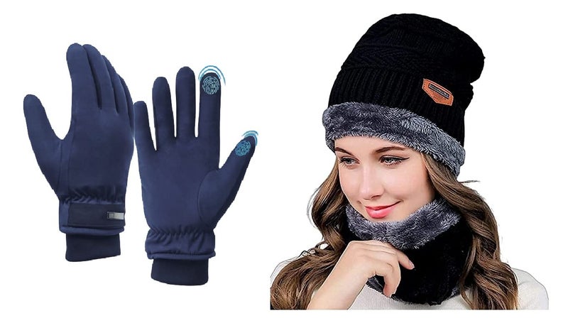 HIVER Combo of Beanie Black Cap and Womens Gloves Touchscreen Waterproof | Winter Gloves for Women with Beanie Cap | Trekking Snow Gloves for Minus Degrees (X-Large, Blue) - Image 1