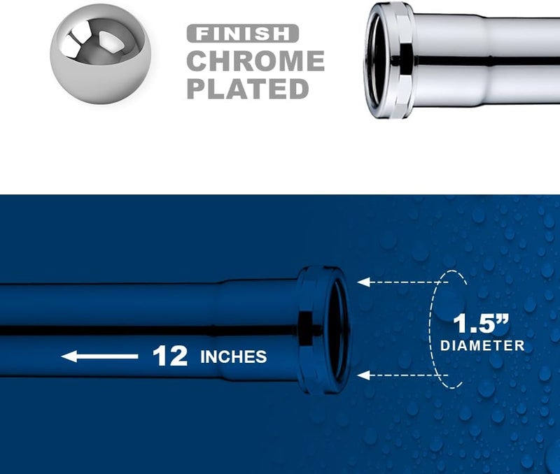 Zm 1-1/2 Inch Heavy Duty Extension Tube with Slip Joint Connection, 12 Inch Length, 22 Gauge, Brass Plumbing Fitting, Chrome - Image 3