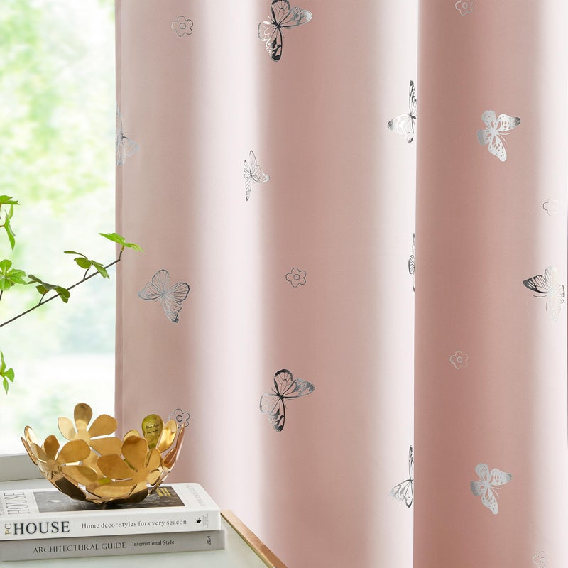 Jubilantex Pink Metallic Silver Butterfly Blackout Curtains 54" Long for Small Window Girls Bedroom Nursery Window Curtains,Grommet Top 2 Panels - Image 2
