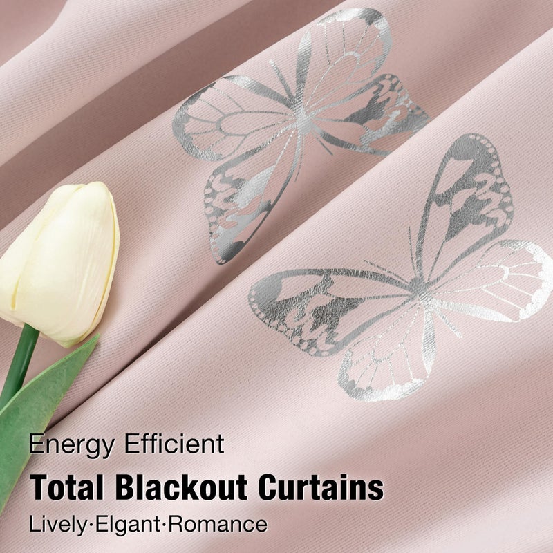 Jubilantex Pink Metallic Silver Butterfly Blackout Curtains 54" Long for Small Window Girls Bedroom Nursery Window Curtains,Grommet Top 2 Panels - Image 3