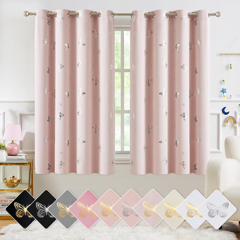 Jubilantex Pink Metallic Silver Butterfly Blackout Curtains 54" Long for Small Window Girls Bedroom Nursery Window Curtains,Grommet Top 2 Panels - Image 1