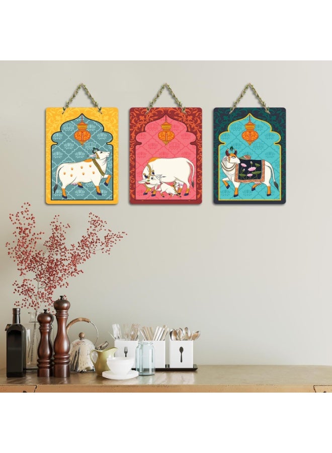 Artvibes Sacred Cows Pichwai Art Decorative Wall Hanging Ornaments | Living Room | Office | Wall Art Painting For Hall | Graphic Artwork | Wall Art Print | Unique Gift Items (WH_96176N), Set of 3 - Image 4