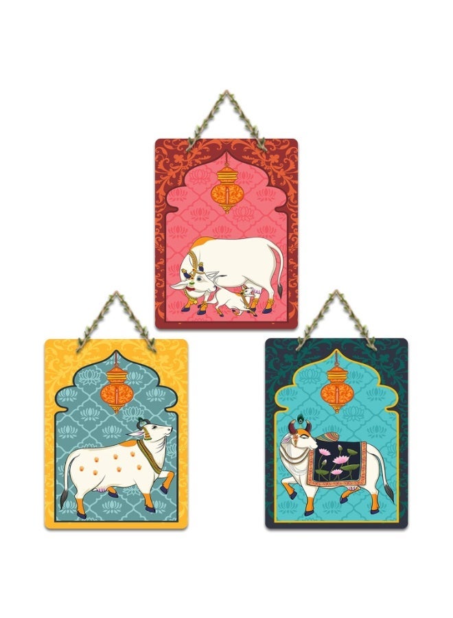 Artvibes Sacred Cows Pichwai Art Decorative Wall Hanging Ornaments | Living Room | Office | Wall Art Painting For Hall | Graphic Artwork | Wall Art Print | Unique Gift Items (WH_96176N), Set of 3 - Image 1