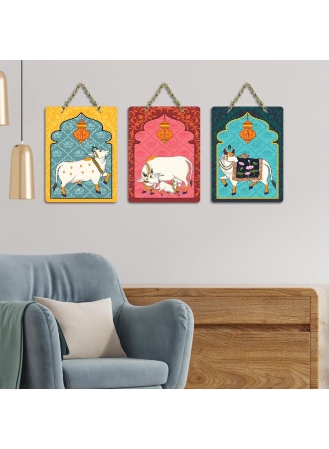 Artvibes Sacred Cows Pichwai Art Decorative Wall Hanging Ornaments | Living Room | Office | Wall Art Painting For Hall | Graphic Artwork | Wall Art Print | Unique Gift Items (WH_96176N), Set of 3 - Image 2
